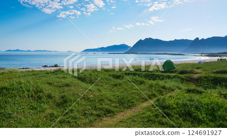 Seascape with tent on beach, Lofoten Norway 124691927