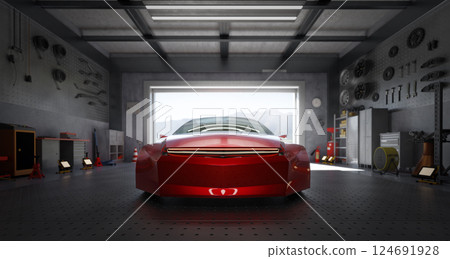 3D Red sportscar parked inside garage ready for maintenance repair or customization 124691928