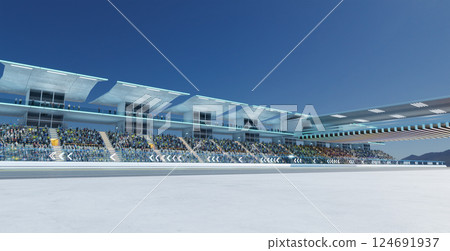 3D Spectators filling bleachers at modern racetrack on sunny day 124691937