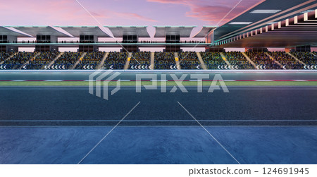3D Large crowd watching a motorsport race on a modern racetrack at dusk 3D Large crowd watching a motorsport race on a modern racetrack at dusk 124691945