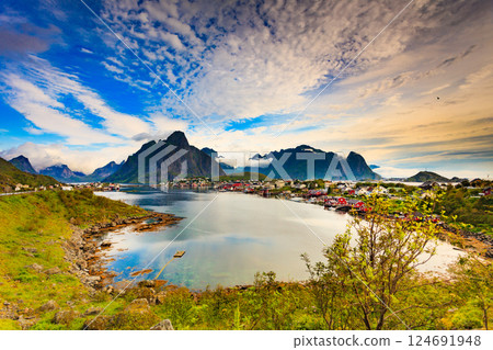 Fjord and mountains landscape. Lofoten Norway Fjord and mountains landscape. Lofoten Norway 124691948