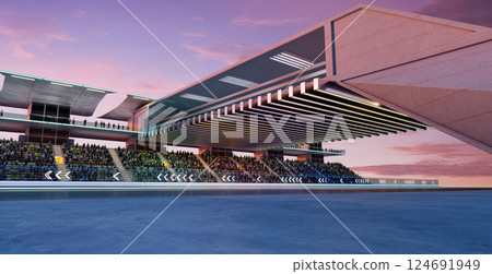 3D Futuristic racetrack with spectators at sunset with modern grandstand architecture 124691949