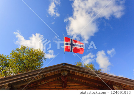 The norwegian flag against blue sky 124691953