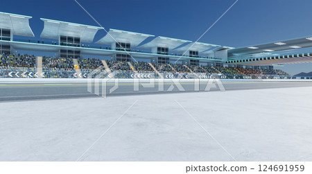 3D Spectators filling bleachers at modern racetrack on sunny day 124691959
