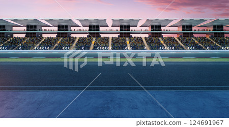 3D Empty race track awaiting race cars at dusk with crowds cheering 3D Empty race track awaiting race cars at dusk with crowds cheering 124691967