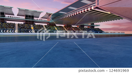 3D Spectators filling bleachers at modern racetrack during sunset 3D Spectators filling bleachers at modern racetrack during sunset 124691969