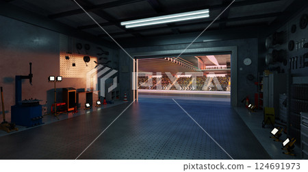 3D Garage opening onto a crowded stadium at sunset: futuristic motorsport concept 124691973