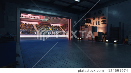 3D Racing stadium seen from garage with open roller door 124691974