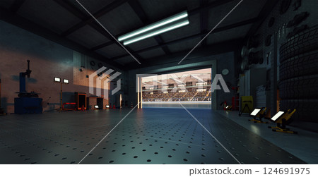 3D Garage opening onto a crowded stadium at sunset: motorsport pit stop 3D Garage opening onto a crowded stadium at sunset: motorsport pit stop 124691975
