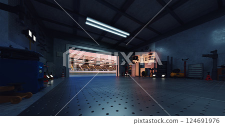 3D Garage opening onto a stadium with spectators waiting for a race to start 124691976
