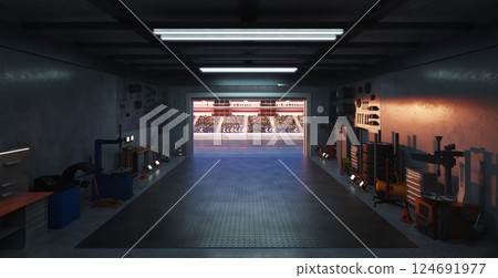 3D Garage opening onto a stadium with spectators watching a race 3D Garage opening onto a stadium with spectators watching a race 124691977