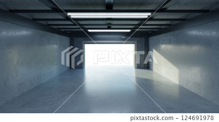 3D Empty garage opening its gate showing a bright light at the end 3D Empty garage opening its gate showing a bright light at the end 124691978