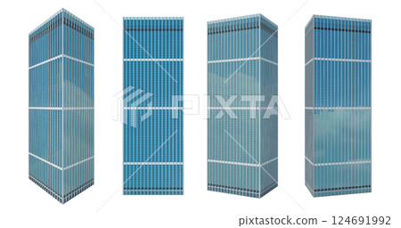 3D Four skyscrapers standing tall against white background 3D Four skyscrapers standing tall against white background 124691992