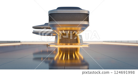 3D Futuristic building with neon lights illuminating landing platform: 3d rendering 3D Futuristic building with neon lights illuminating landing platform: 3d rendering 124691998