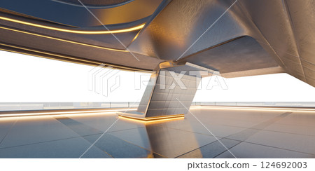 3D Futuristic empty metallic building interior with big window and warm lights 3D Futuristic empty metallic building interior with big window and warm lights 124692003