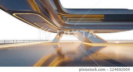 3D Futuristic building hovering over empty square with glowing lights 3D Futuristic building hovering over empty square with glowing lights 124692004