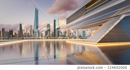 Futuristic building overlooking illuminated cityscape at sunset: 3d render 124692008