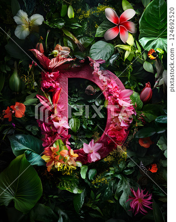Floral tropical letter D with palm leaves and flowers. floral monogram for design Floral tropical letter D with palm leaves and flowers. floral monogram for design 124692520