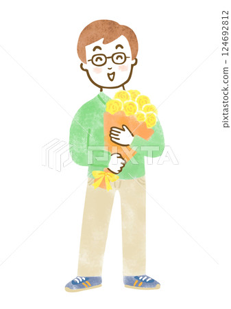 Full-body illustration of a smiling man holding a bouquet of yellow roses 124692812