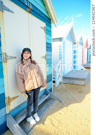 Melbourne, Victoria, Australia - Beautiful Asian girl at Brighton Beach, Melbourne, Australia Melbourne, Victoria, Australia - Beautiful Asian girl at Brighton Beach, Melbourne, Australia 124692967