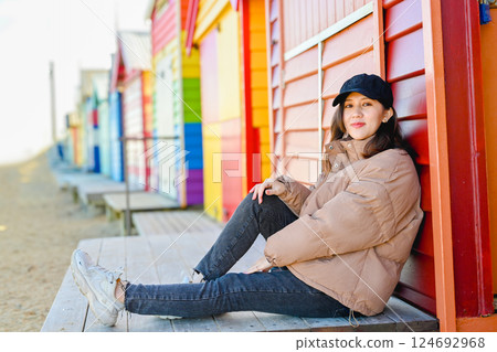 Melbourne, Victoria, Australia - Beautiful Asian girl at Brighton Beach, Melbourne, Australia Melbourne, Victoria, Australia - Beautiful Asian girl at Brighton Beach, Melbourne, Australia 124692968