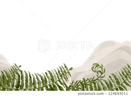 Frame with fern and fossils. Limestone and rocks. Prehistoric forest plants. Fern leaves in a frame. Watercolor illustration without background. Hand drawing. High quality illustration Frame with fern and fossils. Limestone and rocks. Prehistoric forest plants. Fern leaves in a frame. Watercolor illustration without background. Hand drawing. High quality illustration 124693011