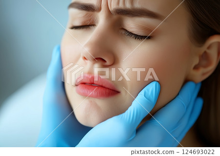 Dentist in blue gloves examines patient experiencing discomfort at clinic 124693022
