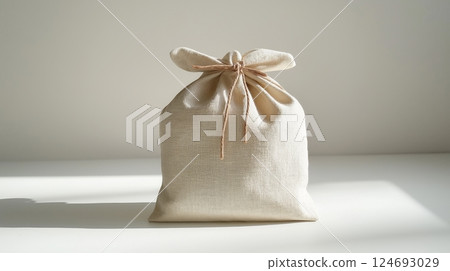 Soft linen bag tied with string placed on a clean surface in daylight 124693029
