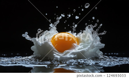 Raw egg bursting mid-break with yolk and egg white splashing around 124693033