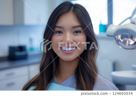 Woman's smile transformation before and after dental treatment in clinic 124693034