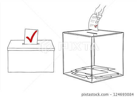 Election day vector illustration set painted by black inks. Plastic ballot boxes with voting papers clip art. Putting the choice sketch. Presidential election, candidate selection single line art.. Election day vector illustration set painted by black inks. Plastic ballot boxes with voting papers clip art. Putting the choice sketch. Presidential election, candidate selection single line art.. 124693084