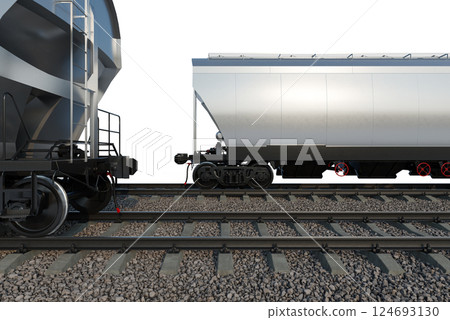 Industrial freight train on railway rails on white background Industrial freight train on railway rails on white background 124693130