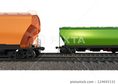 Industrial freight train on railway rails on white background Industrial freight train on railway rails on white background 124693132