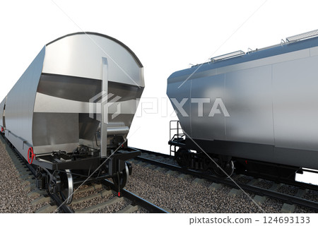 Industrial freight train on railway rails on white background 124693133