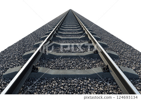 Industrial freight train on railway rails on white background 124693134