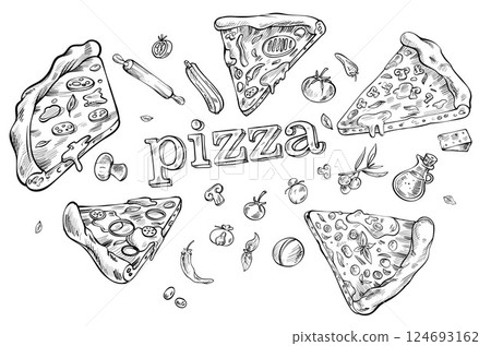 Italian pizza and ingredients. Italian food menu design. Hand drawn sketch vector illustration explosion effect Italian pizza and ingredients. Italian food menu design. Hand drawn sketch vector illustration explosion effect 124693162