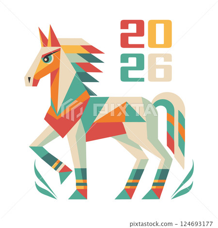 Happy New Year background with a geometric polygonal horse silhouette. Year of the Horse. Greeting card illustration. Happy New Year background with a geometric polygonal horse silhouette. Year of the Horse. Greeting card illustration. 124693177