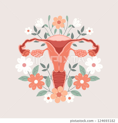 Female reproductive system with flowers and leaves. Women's Health Day. Flat style artistic illustration. 124693182