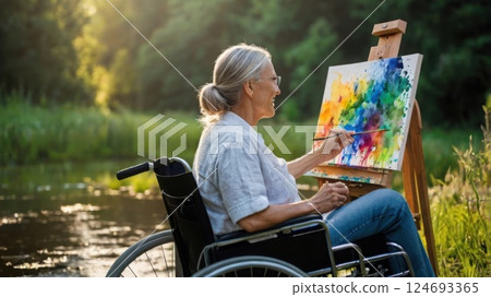 Charming Girl In A Wheelchair Is Using Brush And Palette To Express Her Imagination In A Picture On Wooden Easel. Disabled Woman Paints In A Park. 124693365