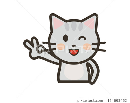 Illustration of a cute cat smiling and making a peace sign Illustration of a cute cat smiling and making a peace sign 124693462