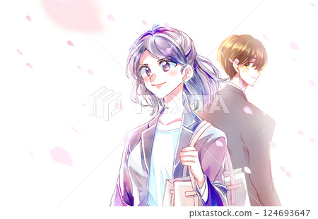 Smiling men and women in suits, working adults, cherry blossom storm Smiling men and women in suits, working adults, cherry blossom storm 124693647