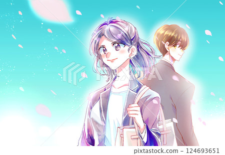 Smiling men and women in suits, working adults, cherry blossom storm 124693651