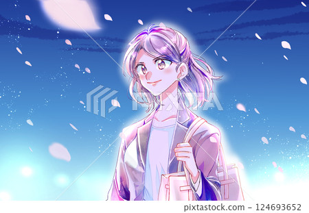 穿西裝的積極女人，櫻花風暴，夜晚 124693652