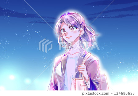 穿著西裝的積極女人，工作的成年人，夜晚 124693653