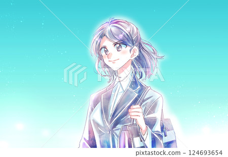 Positive woman in a suit, blue sky 124693654