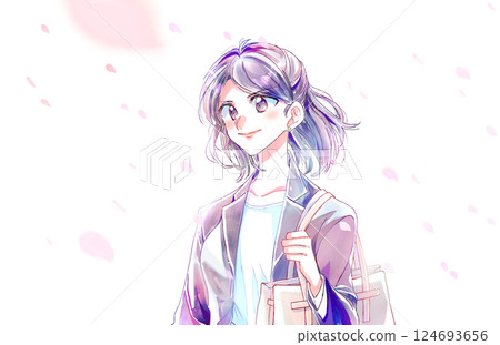 A positive woman in a suit, cherry blossom petals falling A positive woman in a suit, cherry blossom petals falling 124693656