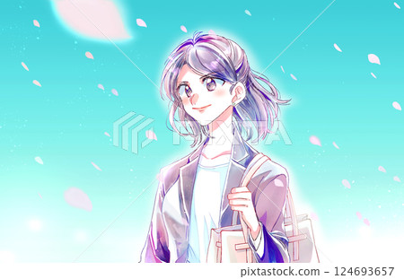 A positive woman in a suit, cherry blossom petals falling A positive woman in a suit, cherry blossom petals falling 124693657