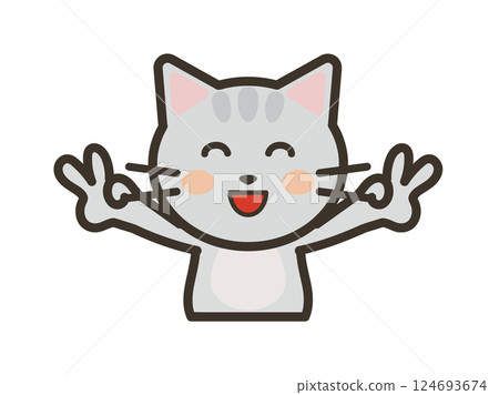 Illustration of a cute cat giving a double peace sign with a big smile 124693674