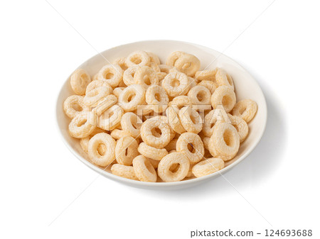 Cereal Rings Isolated, Breakfast Rice Loops, Corn Cereals Snack 124693688