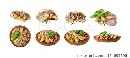 Salted Herring Fillet Isolated, Raw Pickled Fish Meat, Marinated Herring on White Background 124693706